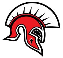 Red, black, and white Spartan Helmet with a cross on the bottom right of the helmet. 