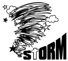 Tornado with the word storm beside it, the t is a cross