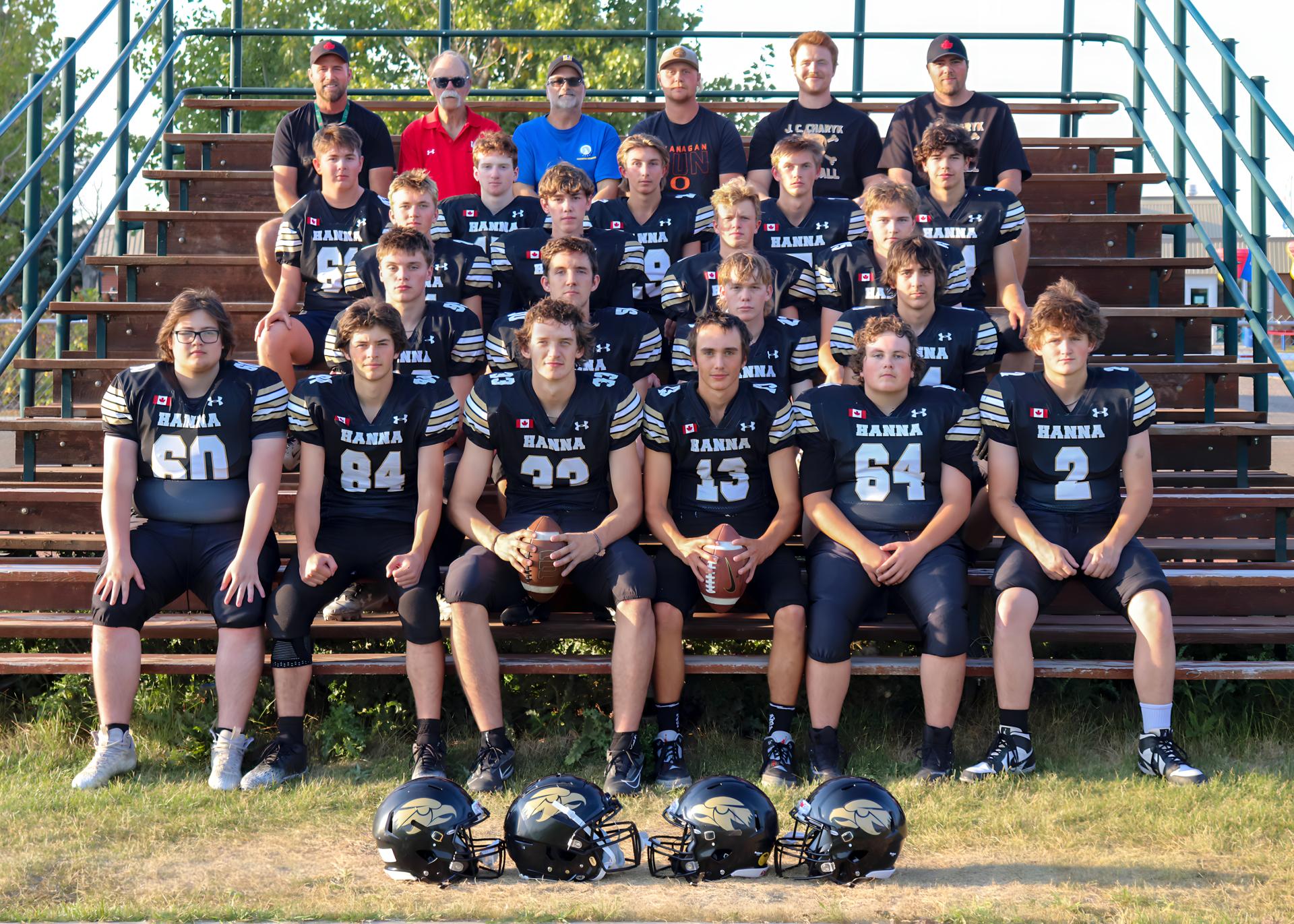 J.C. Charyk Hanna High 6-a-side Team History: The Hawks were fortunate to have a good year and are excited to be playing in the Alberta Bowl for the SSA Provincial Championship. They held the third seed ranking throughout the year and are now looking forward to competing against a very well coached and strong team from Breton High School. JC Charyk began playing 6-aside football in 2012 and are very grateful that there is football for small high schools with student bodies of less than 100 like themselves.