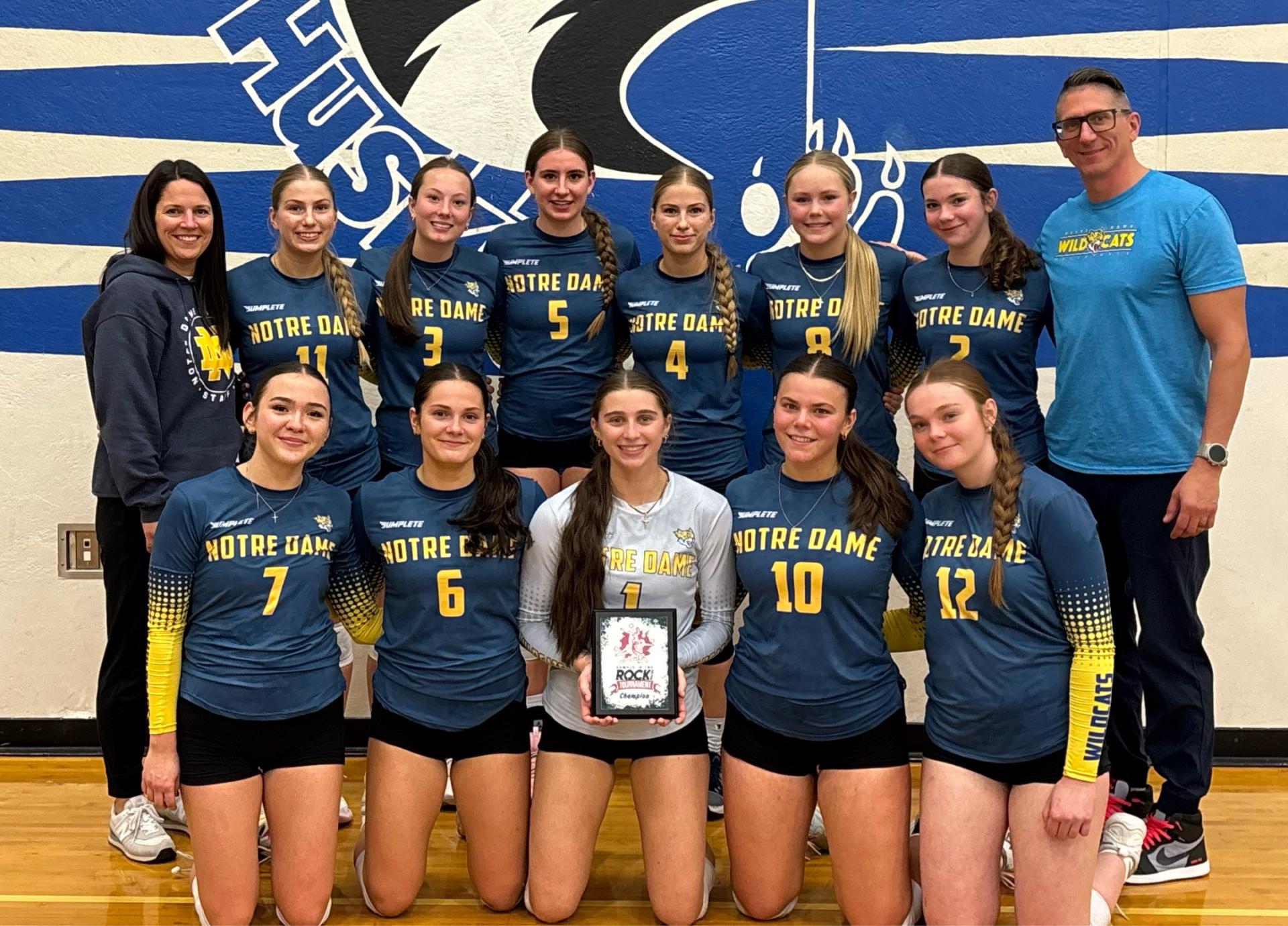 Notre Dame (Bonnyville) Team History: Highlights of the year include qualifying for the medal round and the 2025 Tri-Volley tournament in Sherwood Park, a silver medal at the Sturgeon invitational, and winning gold at the Rocky Mountain Classic.