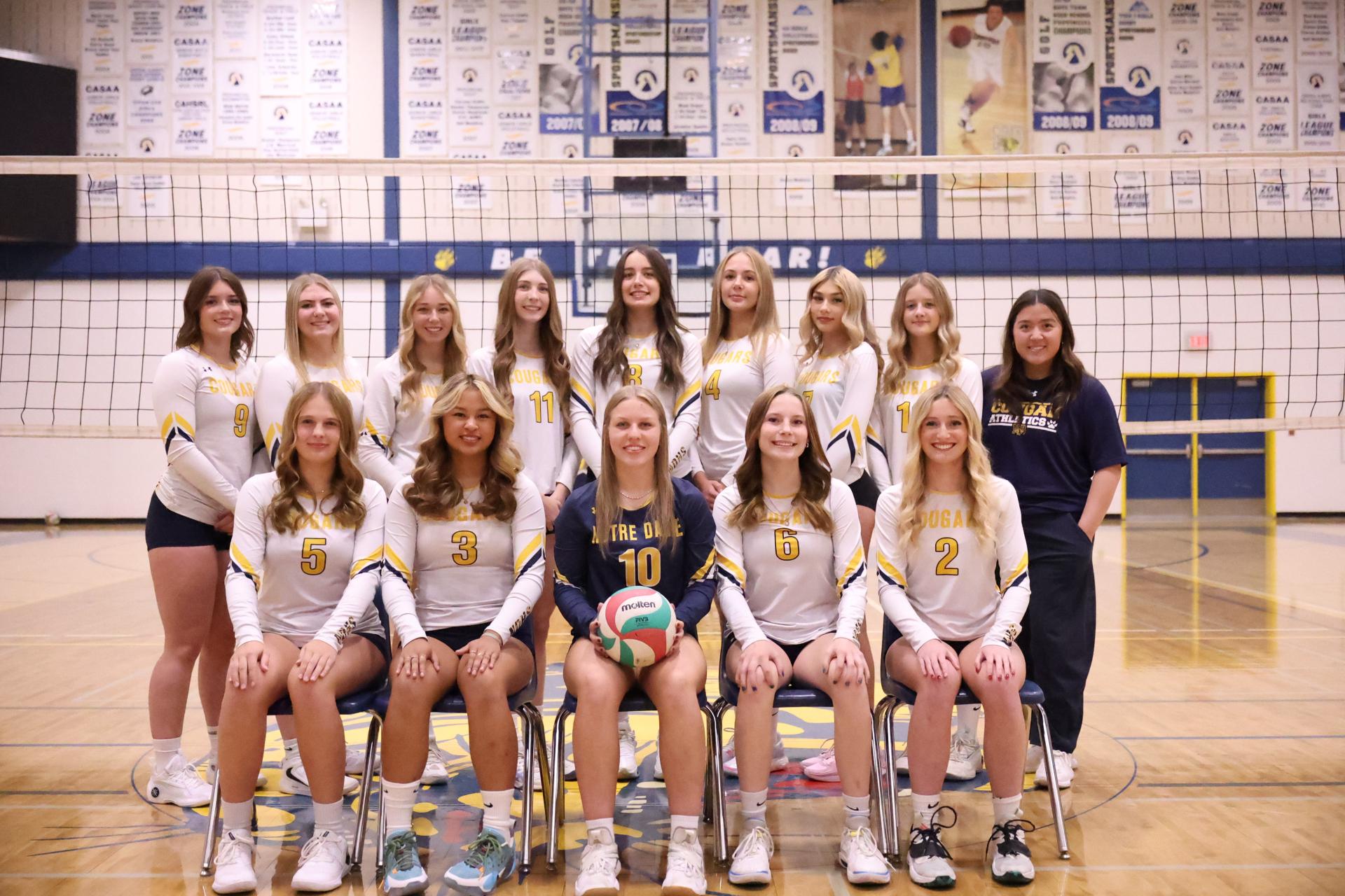 Notre Dame (Red Deer) Team History: Notre Dame Sr Girls Volleyball team is made up of an even spread between grade 10, 11, 12. The ND Cougars Girls team finished with a SSA ranking of 4th in 4A, a first place finish at SJHS Air Attack Tournament, and a hard fought silver medal for the central zone.