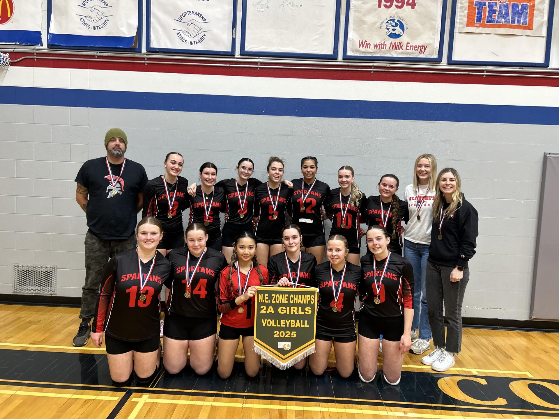 St. Jerome Team History: The St. Jerome Spartans are excited to represent the North East Zone at Volleyball Provincials this year. This season, the Spartans competed in four tournaments, earning three first-place finishes and one second-place finish, demonstrating their consistency and competitiveness. Their success continued at the North East Zone Championship, where they captured gold and earned the right to represent the zone.