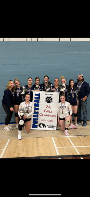 St. Joseph High (Whitecourt) Team History: The 2025 St. Joseph Saints senior high volleyball team had a short but a successful season—one marked by determination, skill, and teamwork. Early in the season, the Saints came home with a second place plaque. This strong play continued into league play, where they placed second at the GCAA finals. The highlight of the season came during the Zone Championship, where the team faced a tough battle, and after a hard-fought, emotionally charged match, the Saints won.